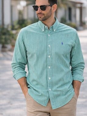 Coastal Country Club Green & White Stripe Button Down Shirt